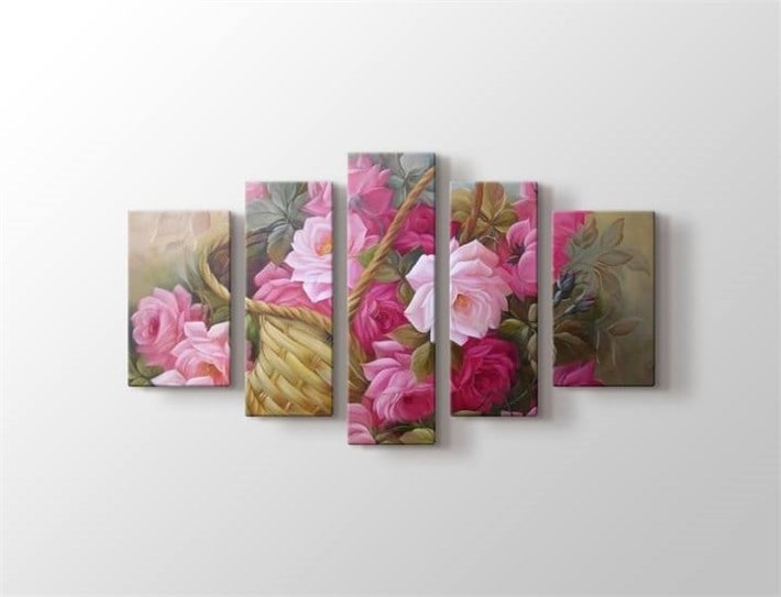 Vintage Sepet içinde Pembe Gül Dolu 5 Parça Kanvas Tablo