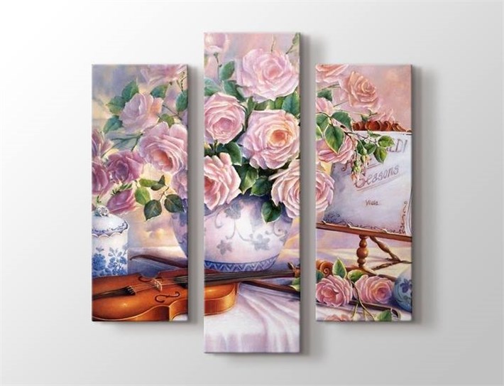 vintage romantik vazoda pembe güller keman 3 parça kanvas tablo