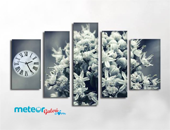 Kurşuni Tomurcuklu Çiçek 5 Parça Kanvas Tablo