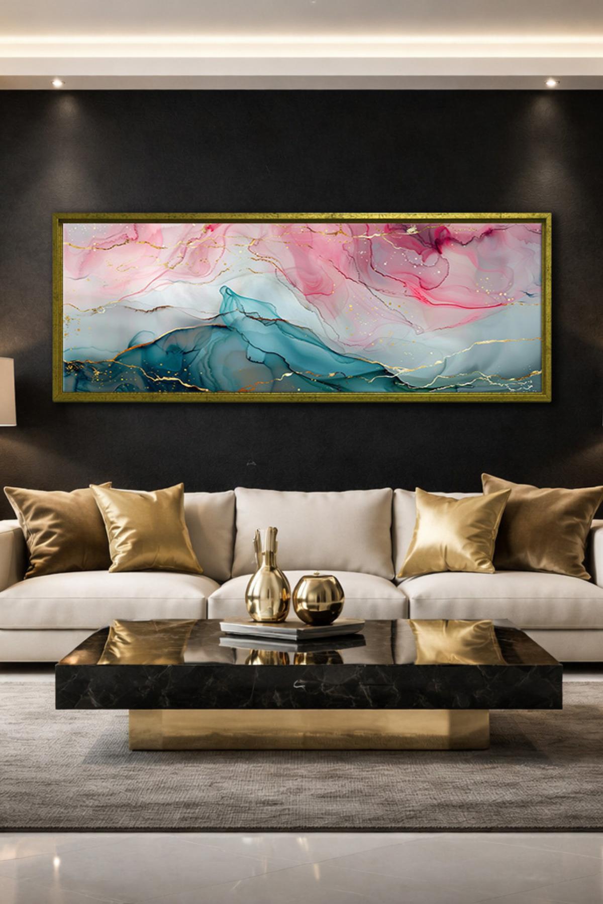 Çerçeveli Fluid Art Pembe–Teal Panorama Soyut Kanvas Tablo | Altın Damarlı Dekoratif Duvar | 6 Çerçeve Rengi | 400 gr Pamuklu Kanvas Duvar Dekoru
