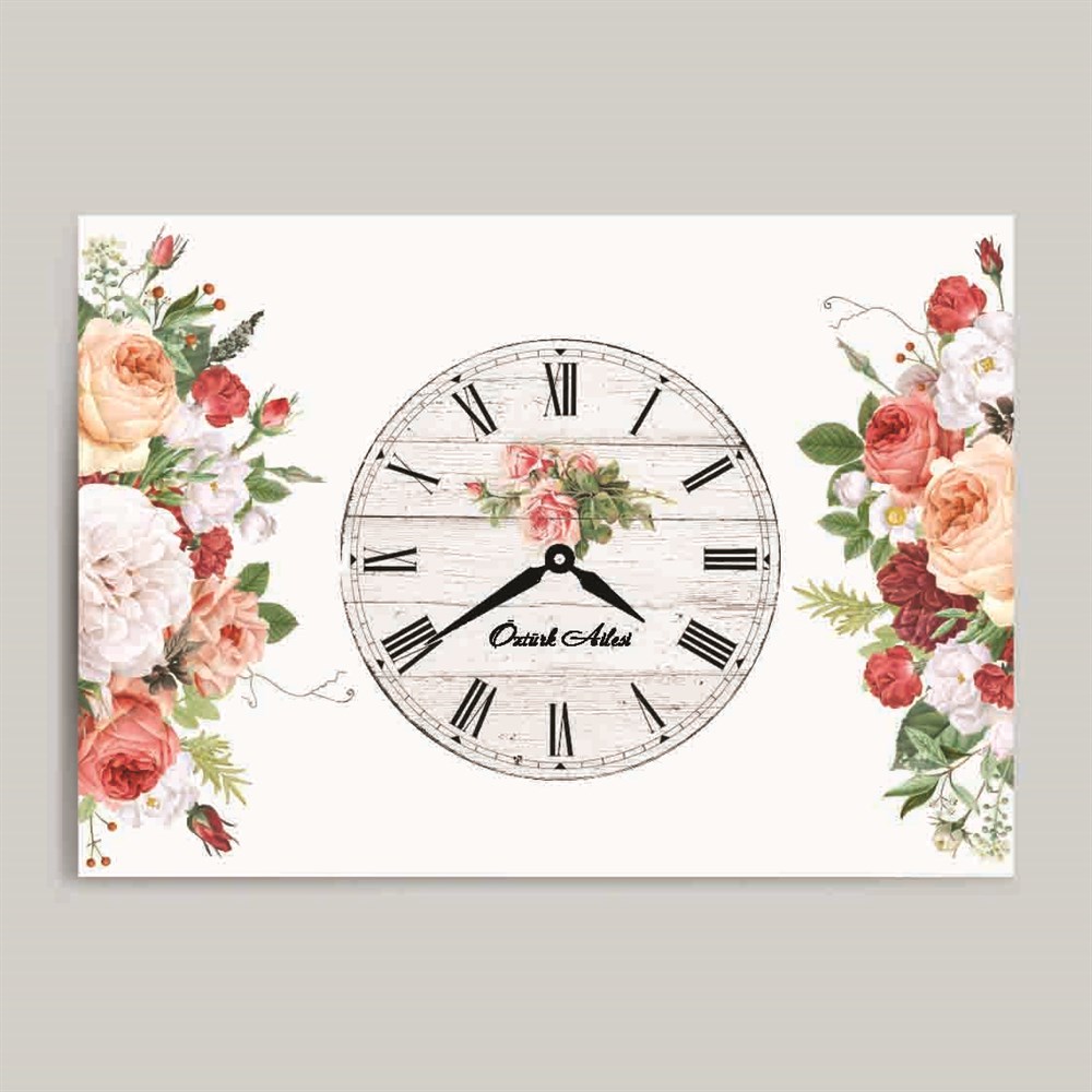 Çiçekli Ve Saatli Dekoratif Kanvas Tablo
