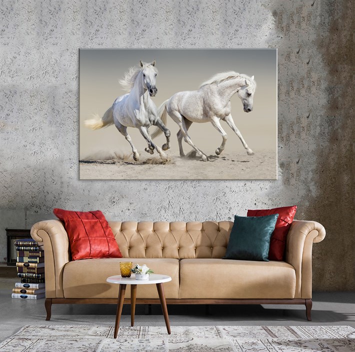 Çölde Koşan Beyaz Atlar Tek Parça Kanvas Tablo