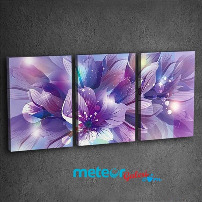 Işıltılı Mor Çiçekli 3 Parça Kanvas Tablo