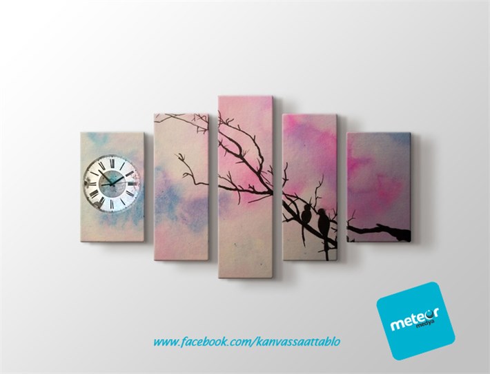 Dalda Kuşlar 5 Parça Saatli Kanvas Tablo