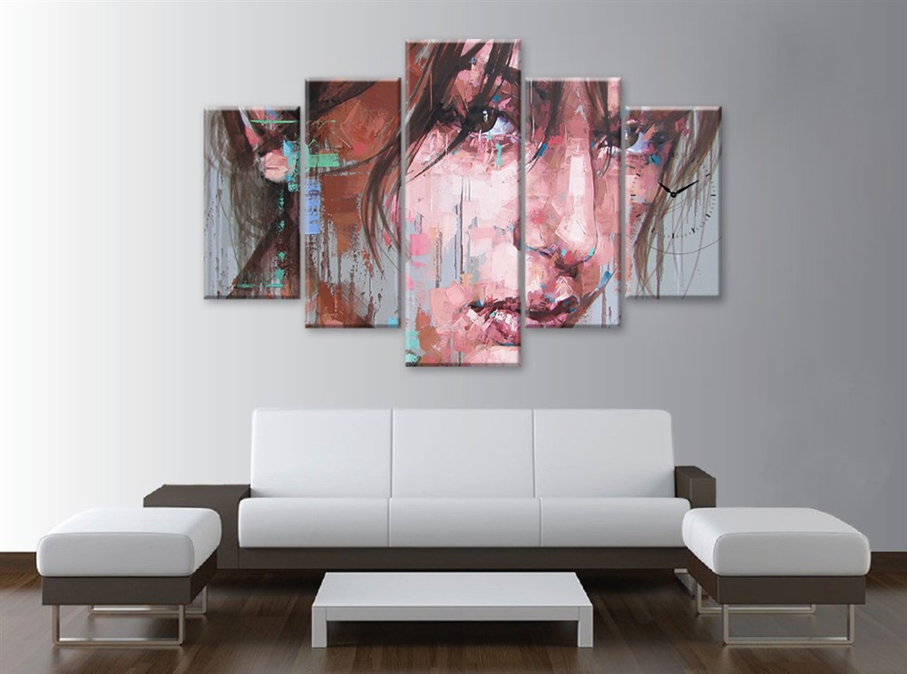 Dekoratif Kadın Saatli 5 Parça Kanvas Tablosu