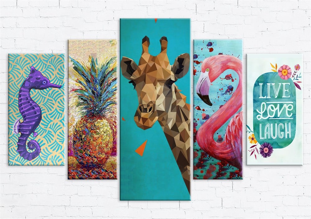 Deniz Atı Ananas Zürafa Flamingo Resimli ve Live Love Yazılı Kanvas Tablo