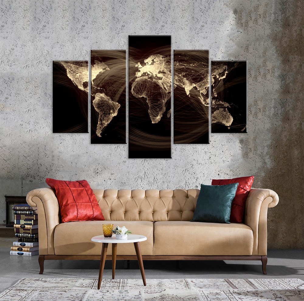 Dünya Haritası 5 Parça Kanvas Tablo