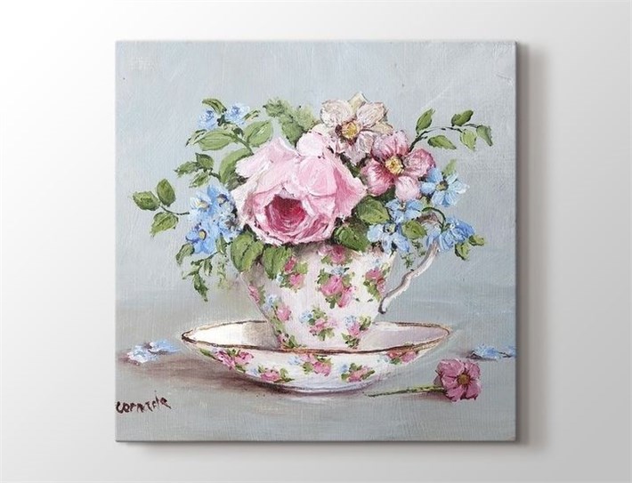 vintage fincan içinde pembe çiçekli kanvas tablo