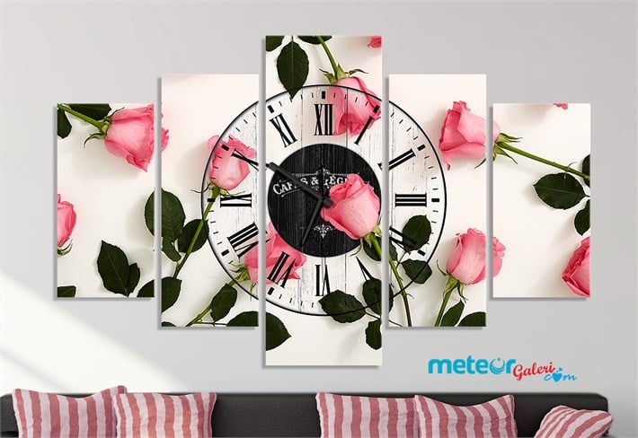 Pembe güllü Saatli Romantik Kanvas Tablo