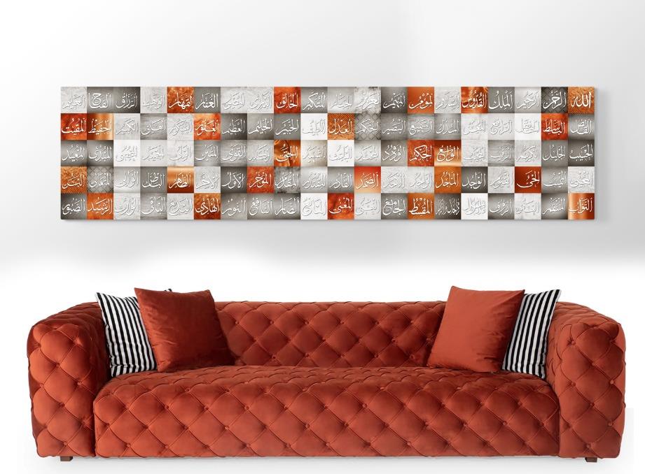 Esmaül Hüsna Turuncu ve Gri Renkli Allah'ın 99 İsmi Kanvas Tablo 