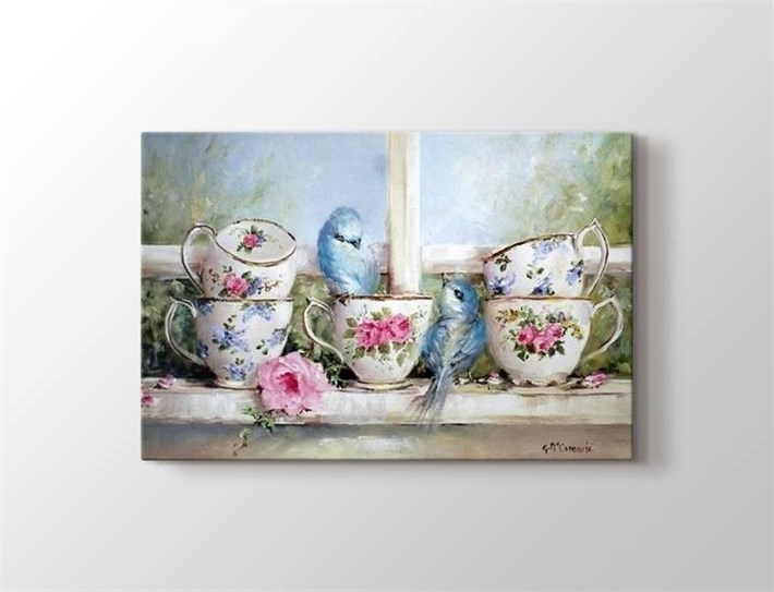 vintage iki mavi serçe güllü kanvas tablo