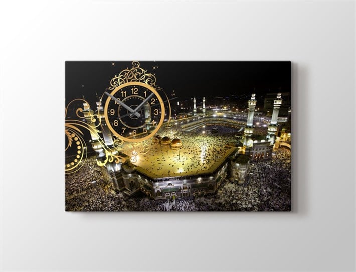 Saatli Mekke Kabe Tek Parça Kanvas Tablo