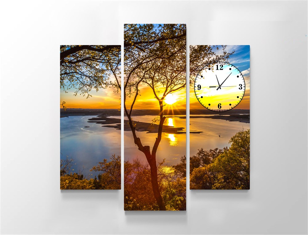 Göl ve Ağaç Manzaralı Gün Batımı Kanvas Tablo canvas saatli