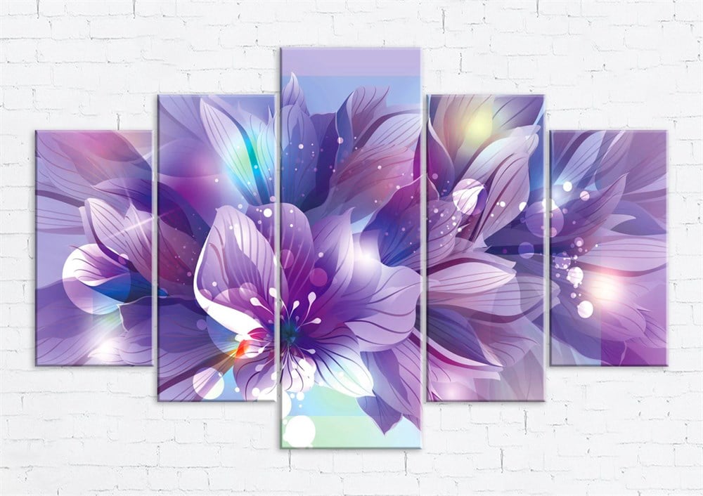 Işıltılı Mor Çiçekli 5 Parça Kanvas Tablo