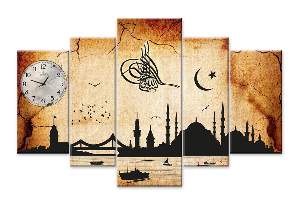 İstanbul Resimli Tuğralı Saatli Kanvas Tablo