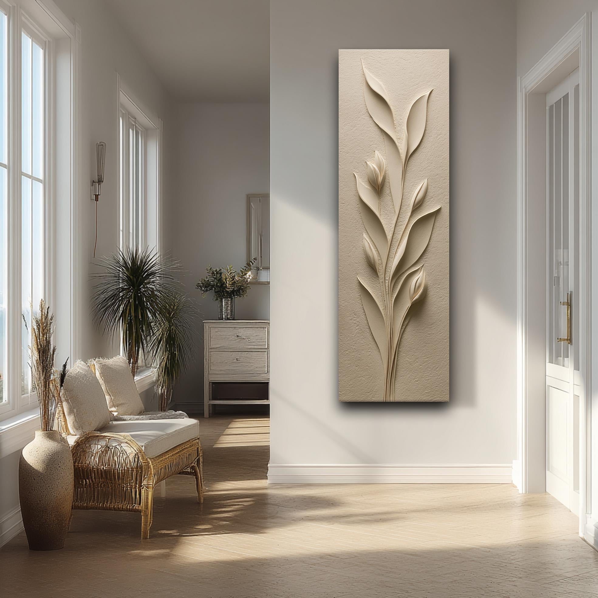 Kabartma Bitki Desenli Bej Kanvas Tablo, Doğal Tonlarda Minimalist Duvar Dekoru