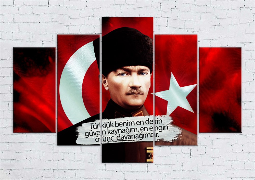 Kalpaklı Atatürk Resmi ve Türk Bayrağı Kanvas Tablosu
