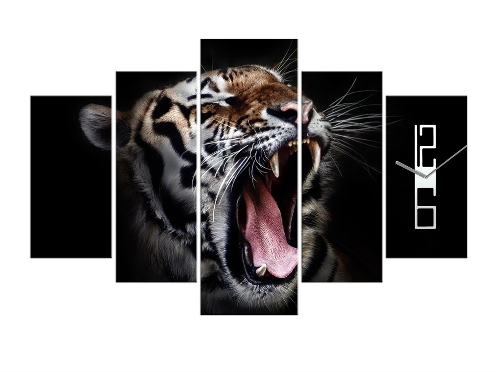 Kaplan Dekoratif Saatli 5 Parça Kanvas Tablo