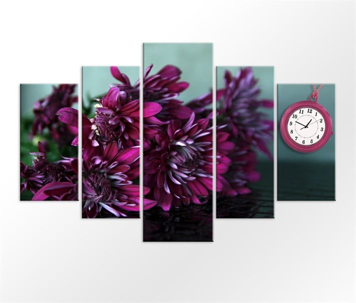 Kasımpatı Çiçekli 5 Parça Saatli Kanvas Tablo
