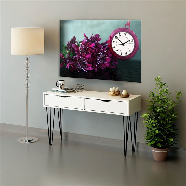 Kasımpatı Çiçekli Saatli Kanvas Tablo