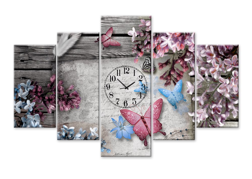 Kelebekli Çiçekli Saatli Kanvas Tablo