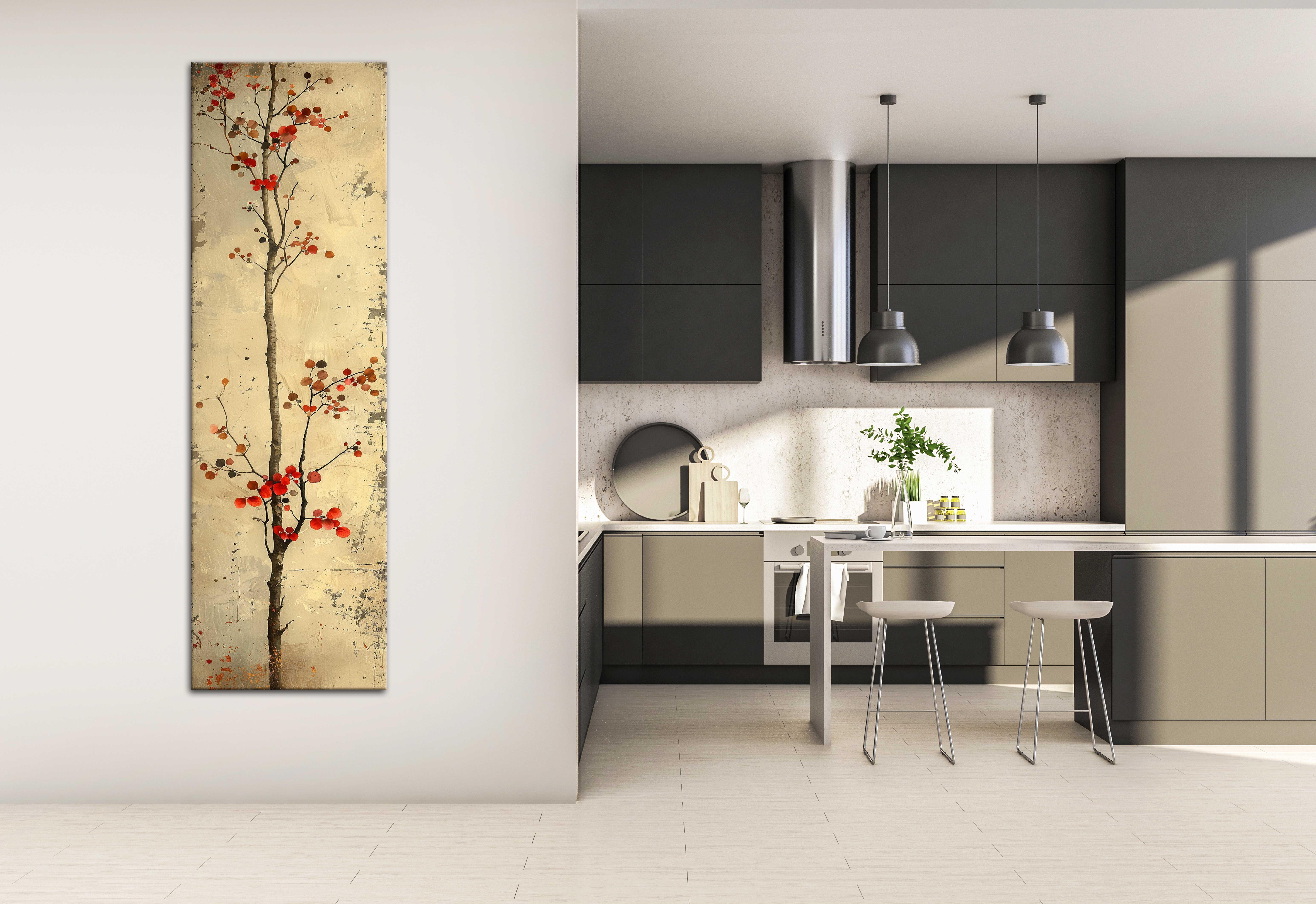 Kırmızı Meyveli Minimal Ağaç Kanvas Tablo, Modern Doğa Temalı Duvar Dekoru