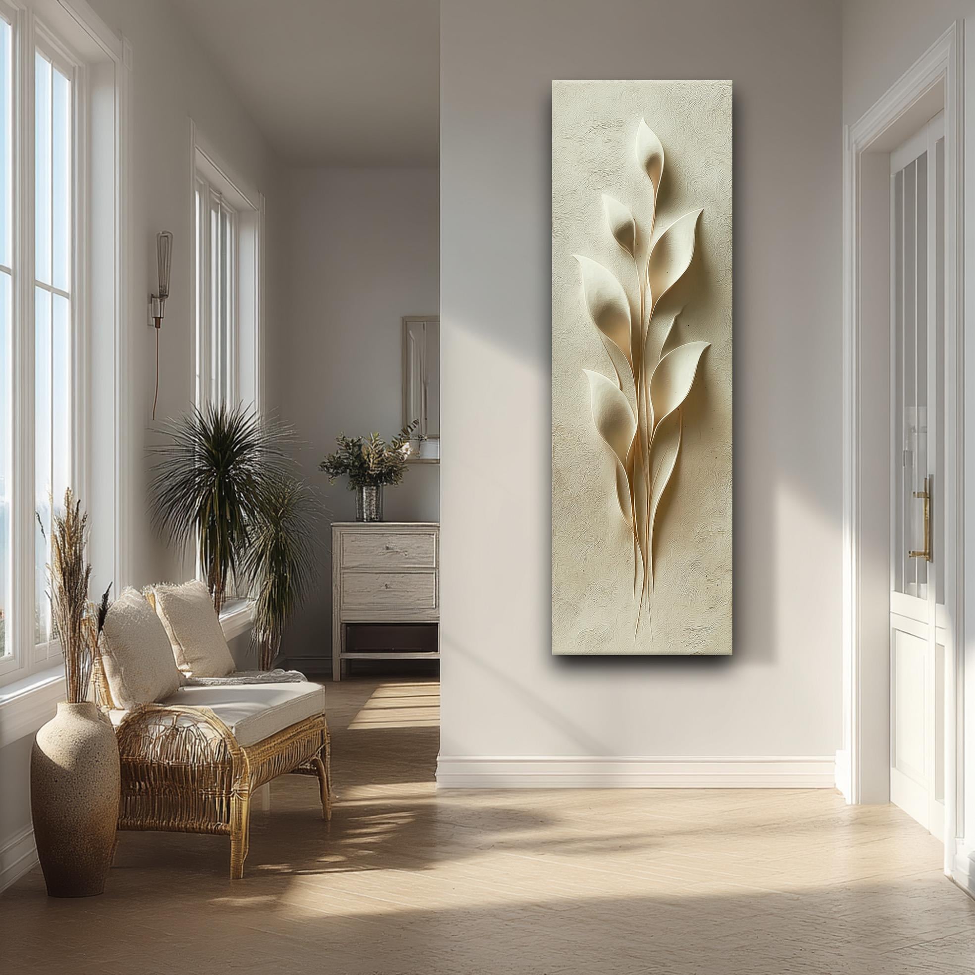 Krem Renkli Yaprak Desenli Kabartma Kanvas Tablo, Minimalist Duvar Dekoru, Zarif Doğal Sanat Eseri