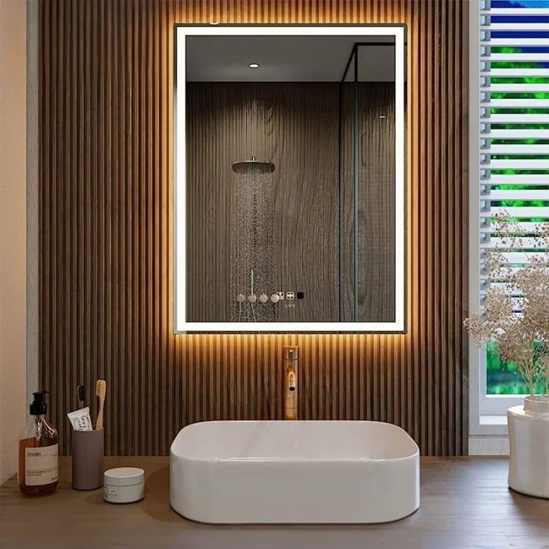 LED Dikdörtgen Banyo Aynası, Ön ve Arka Aydınlatmalı Makyaj Aynası, Ev Dekorasyonu, Kısılabilir Dokunmatik Düğme ve Buğu Önleyici (İsteğe Bağlı/İsteğe Bağlı) Fonksiyonlu Makyaj Aynası, Duvara Monte Akıllı Tıraş Aynası, Çoklu Işık Seçeneği