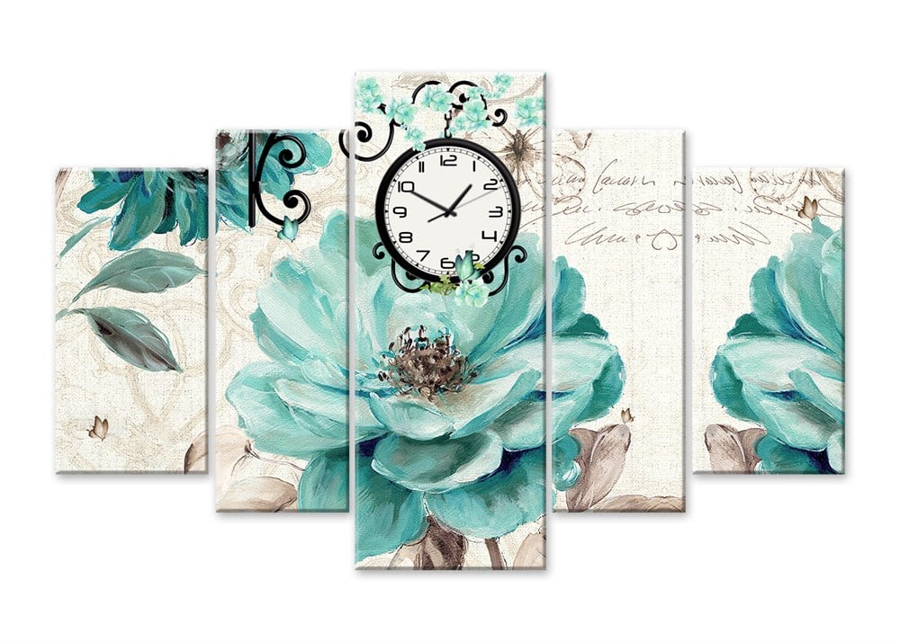 Mavi Çiçekli Saatli Kanvas Tablo 