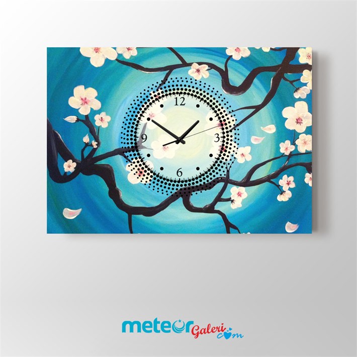 Mavi Dalında Açmış Çiçekli Saatli Kanvas Tablo
