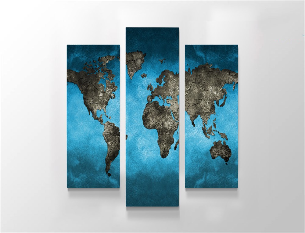 Mavi Dünya Haritası 3 Parça Dekoratif Kanvas Tablo 