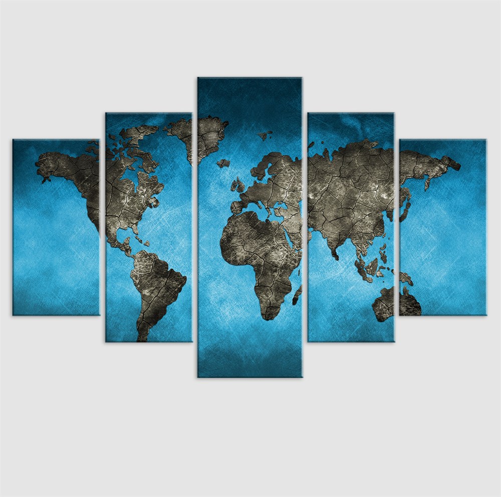 Mavi Dünya Haritası 5 Parça Kanvas Tablo