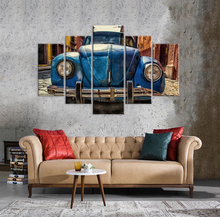 Mavi Eski Model Antika Araba 5 Parça Kanvas Tablo