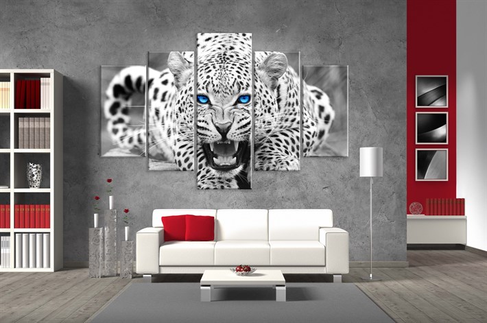 Mavi Gözlü Gri Kaplan 5 Parça Kanvas Tablo