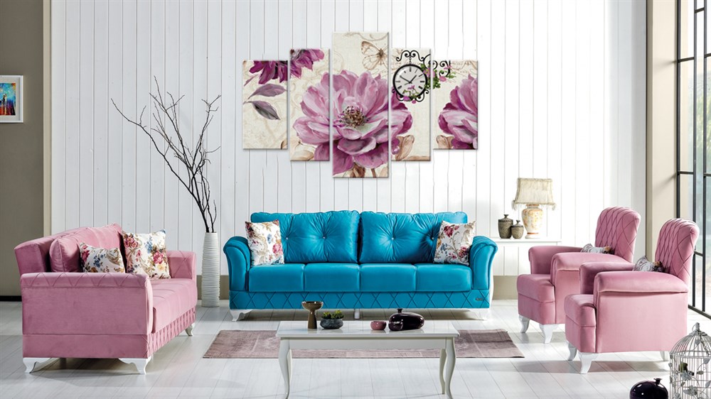 Mavi Renkli Çiçekli 5 Parça Saatli Dekoratif Kanvas Tablo 