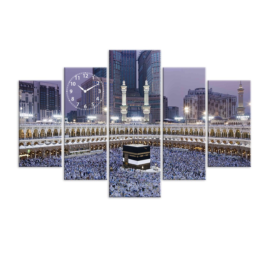 Mekke Manzaralı Saatli 5 Parça Kanvas Tablo