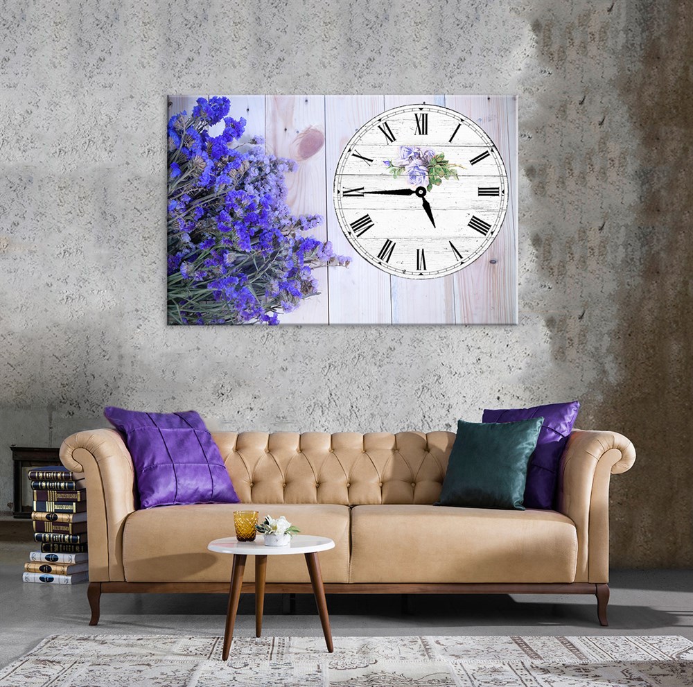 Mor Çiçekli Saatli Dekoratif Kanvas Tablo