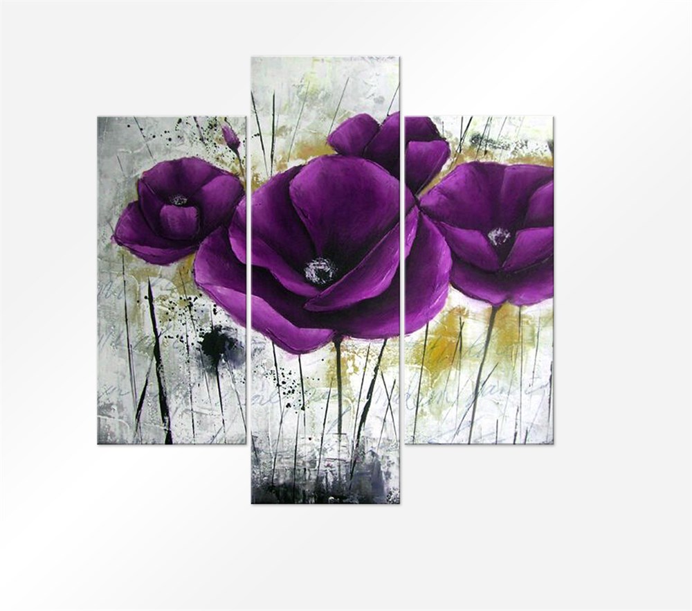 Mor Gelincik Çiçekli 3 Parça Kanvas Tablo