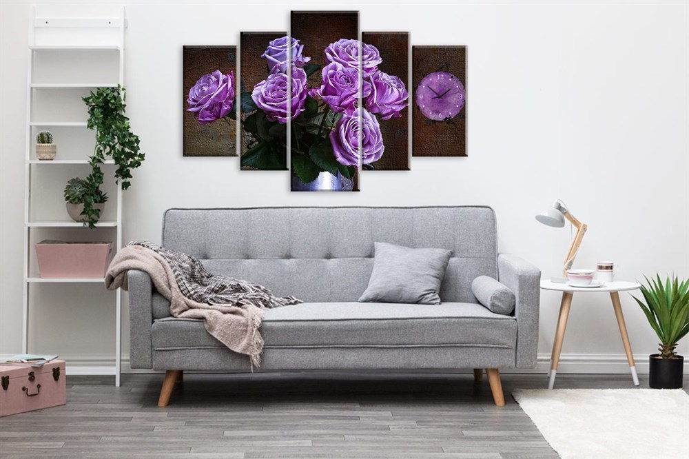 Mor Lila Renkli Çiçekli 5 Parça Saatli Kanvas Tablo