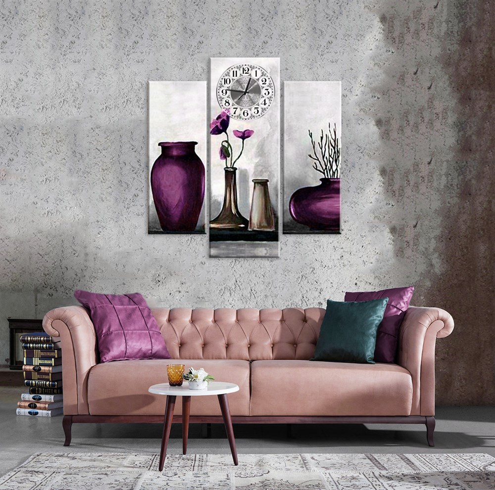 Mor Vazolar Çiçekli 3 Parça Kanvas Tablo