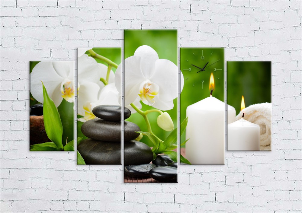 Orkide Çiçeği Spa Taşları ve Mumlar Saatli Kanvas Tablo 