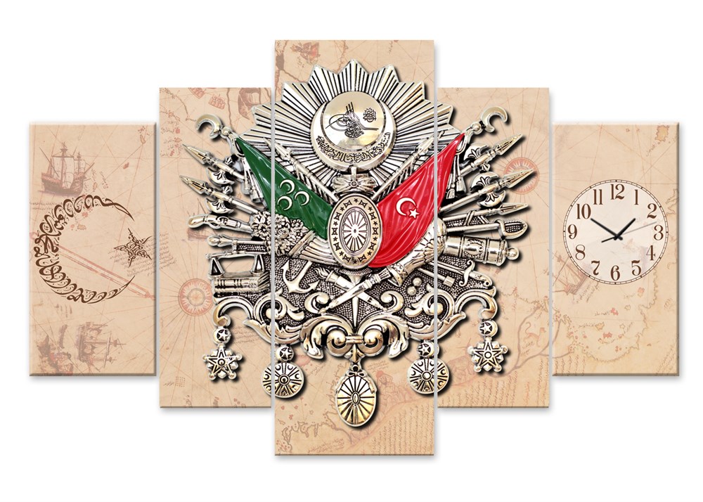 Osmanlı Logolu Ay Yıldız Saatli 5 Parça Kanvas Tablo