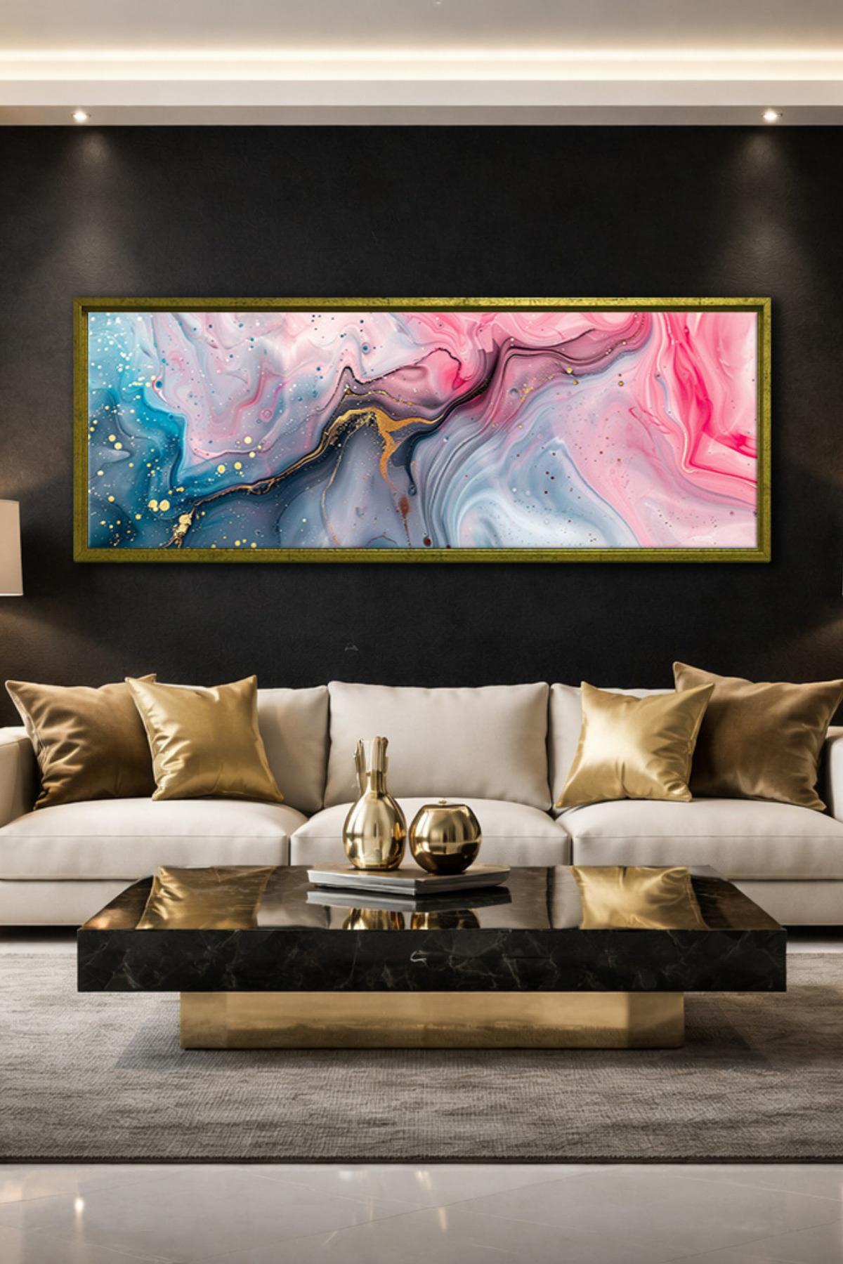 Panoramik Tablo Soyut Laciver Pembe Geçişli Çerçeveli Dekoratif Duvara Hazır