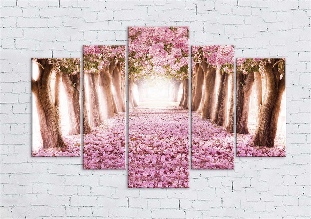 Pembe Çiçekli Manzaralı Kanvas Tablo
