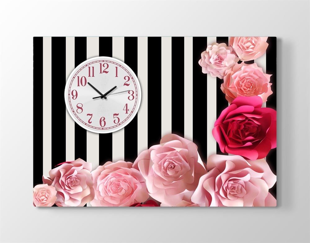Pembe Çiçekli Saatli Kanvas Tablo