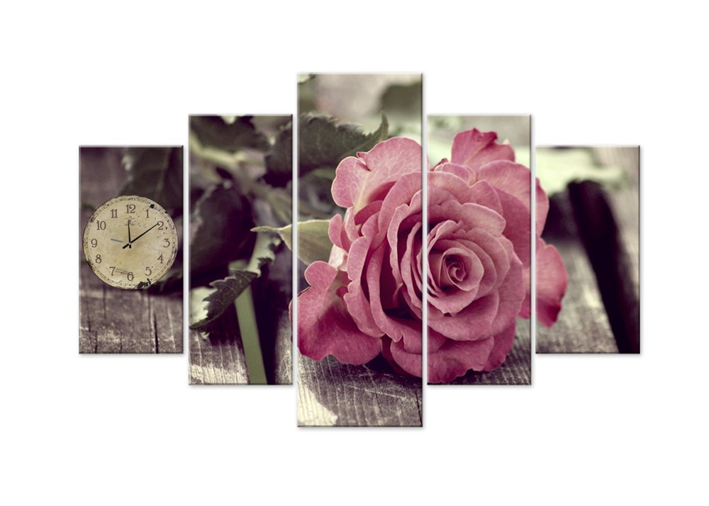 Pembe Güllü Saatli 5 Parça Kanvas Tablo
