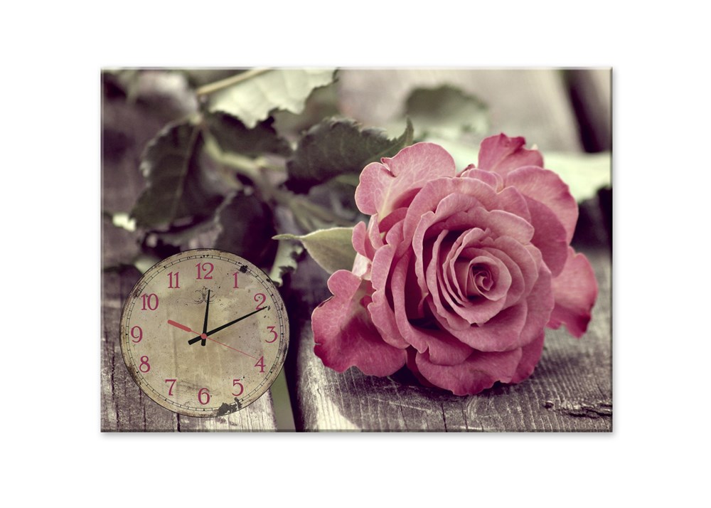 Pembe Güllü Saatli Kanvas Tablo