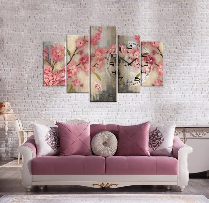 Pembe Kahve Renkli Çiçekli Saatli 5 Parça Kanvas Tablo