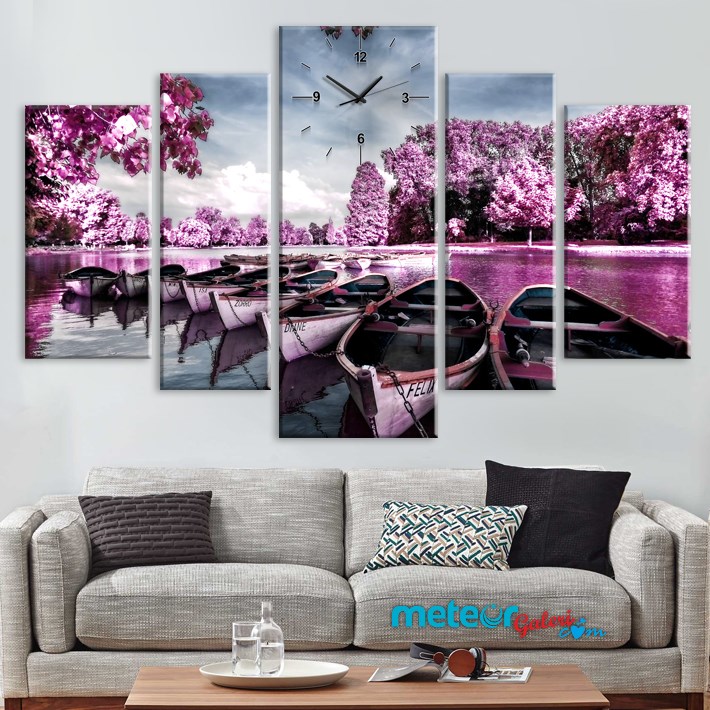 Pembe Manzaralı Çiçekli Ağaçlar Sandallar Kanvas Tablo