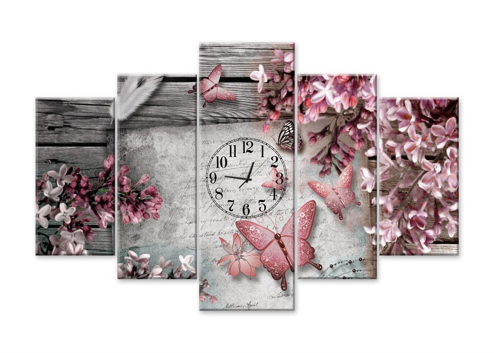 Pembe Tonlarda Kelebekli Çiçekli Saatli 5 Parça Kanvas Tablo